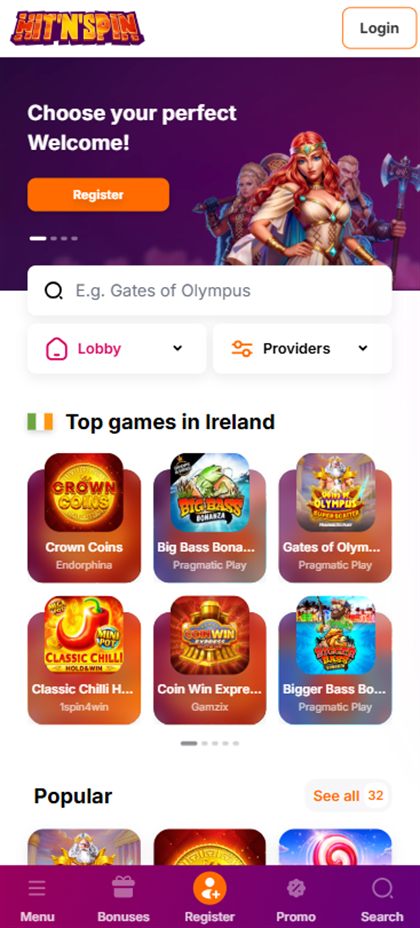 HitnSpin mobile homepage as shown to players in Ireland, with the &ldquo;Top games in Ireland&rdquo; row