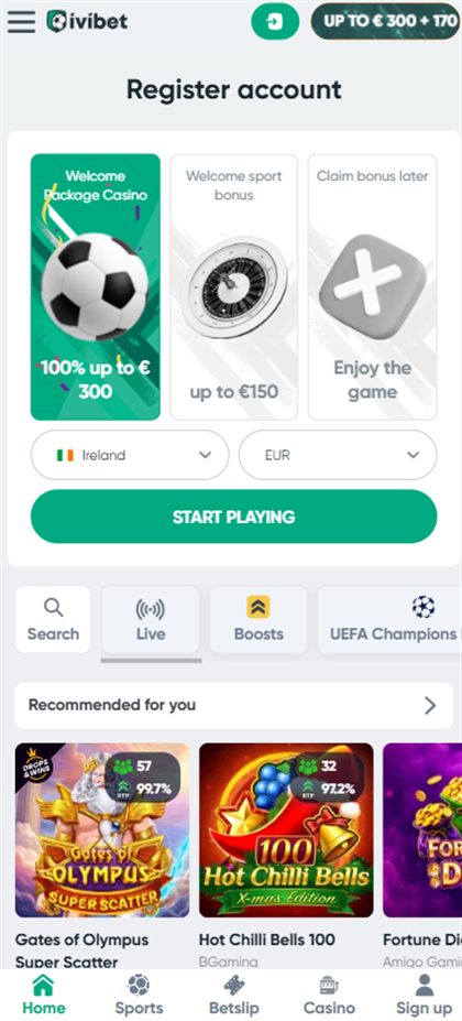 iviBet registration screen with Ireland and EUR already selected, showing the 100% up to &euro;300 casino welcome package and the game lobby below