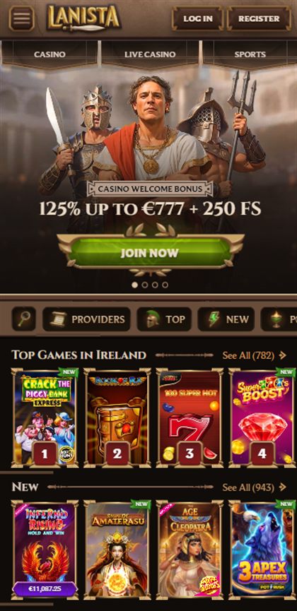 Lanista mobile homepage as shown to players in Ireland, showing the 125% up to &euro;777 welcome bonus and the &ldquo;Top Games in Ireland&rdquo; row