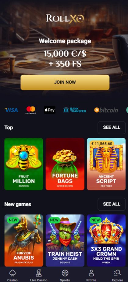 RollXO mobile home page advertising a 15,000 welcome package with 350 free spins
